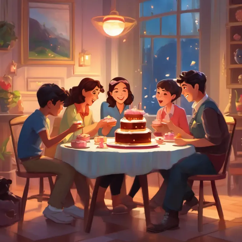 The group indulging in cake, Bella delighted with the first bite.