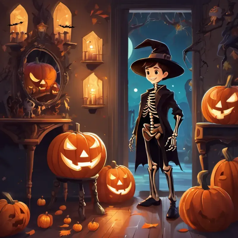 A young boy with fair skin and brown eyes Wearing a skeleton costume with glow-in-the-dark bones and a spider hat standing in front of a mirror, wearing his skeleton costume and smiling brightly. The room filled with spooky decorations like pumpkins, bats, and cobwebs.