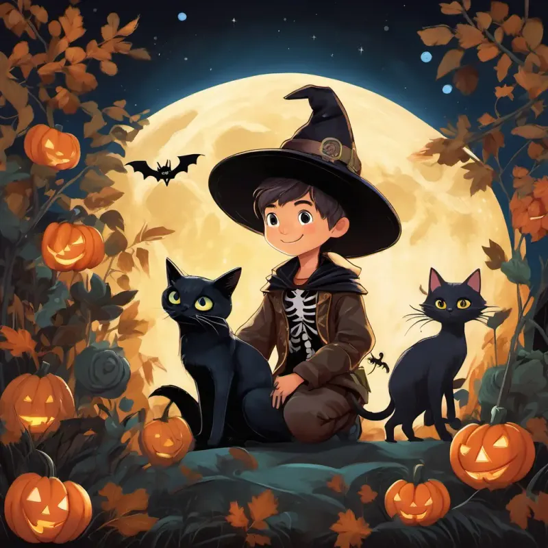 A young boy with fair skin and brown eyes Wearing a skeleton costume with glow-in-the-dark bones and a spider hat crouching next to a bush, reaching out his hand to help the black cat. The moon shining brightly, casting a soft glow on the scene.