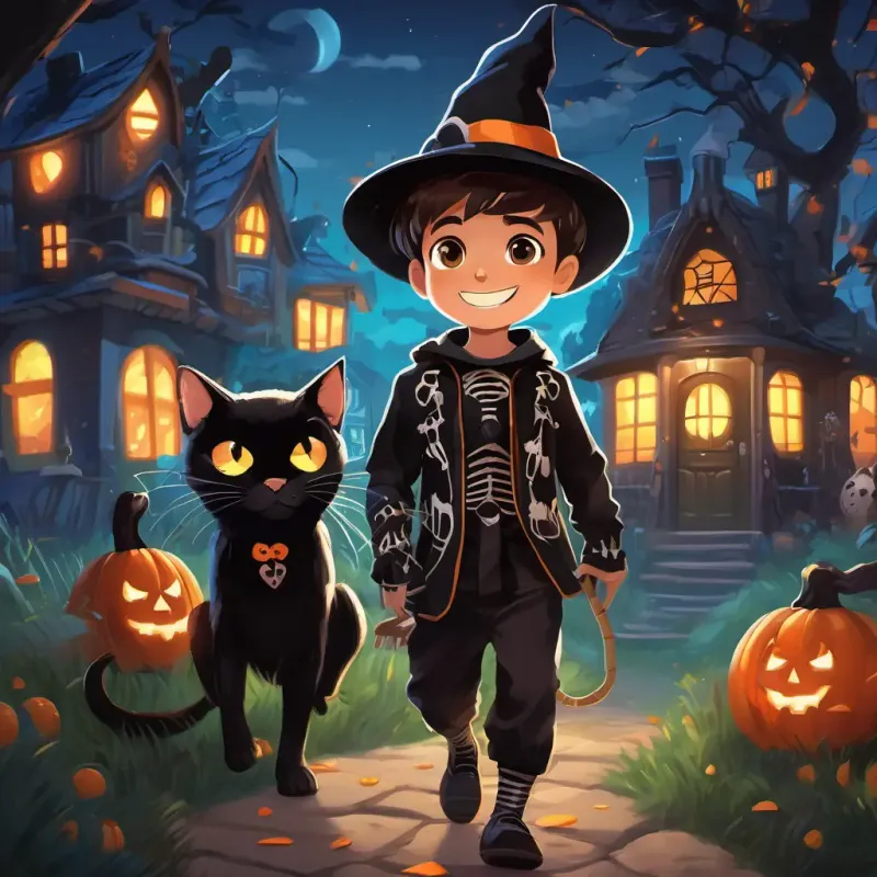 A young boy with fair skin and brown eyes Wearing a skeleton costume with glow-in-the-dark bones and a spider hat carrying the black cat in his arms, both of them wearing big smiles. Houses decorated with spooky lights and other children dressed in costumes can be seen in the background.