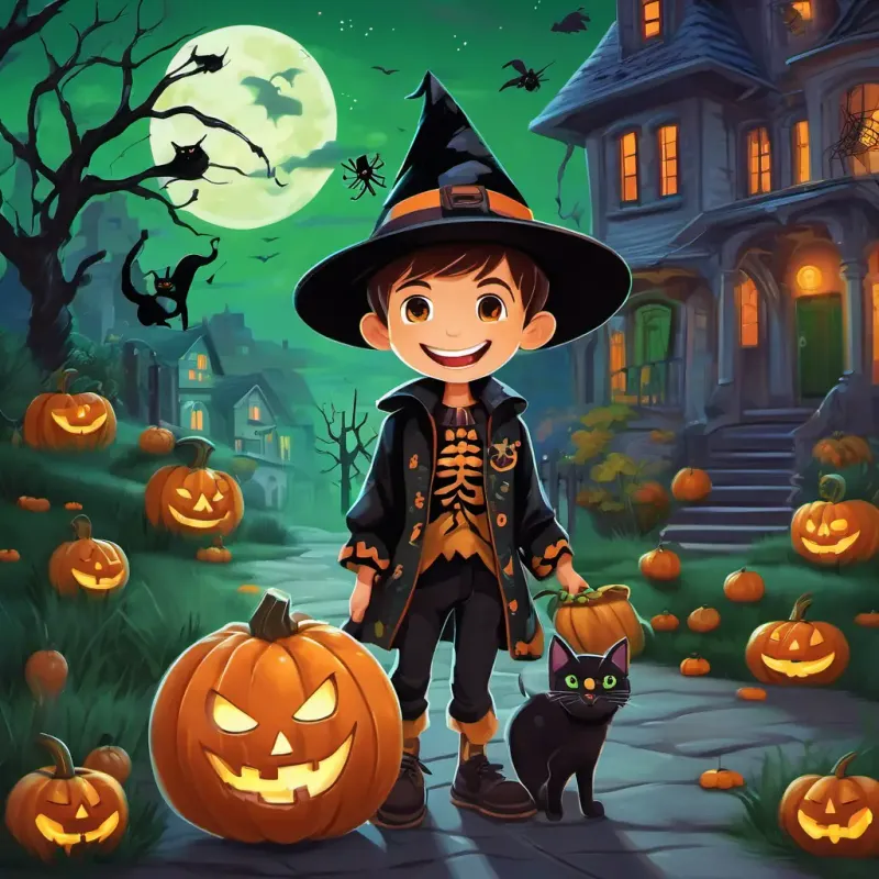 A young boy with fair skin and brown eyes Wearing a skeleton costume with glow-in-the-dark bones and a spider hat walking hand in hand with A small black cat with green eyes Playful and loving, both of them laughing and enjoying themselves. Colorful houses with jack-o'-lanterns on their doorsteps lined the street.