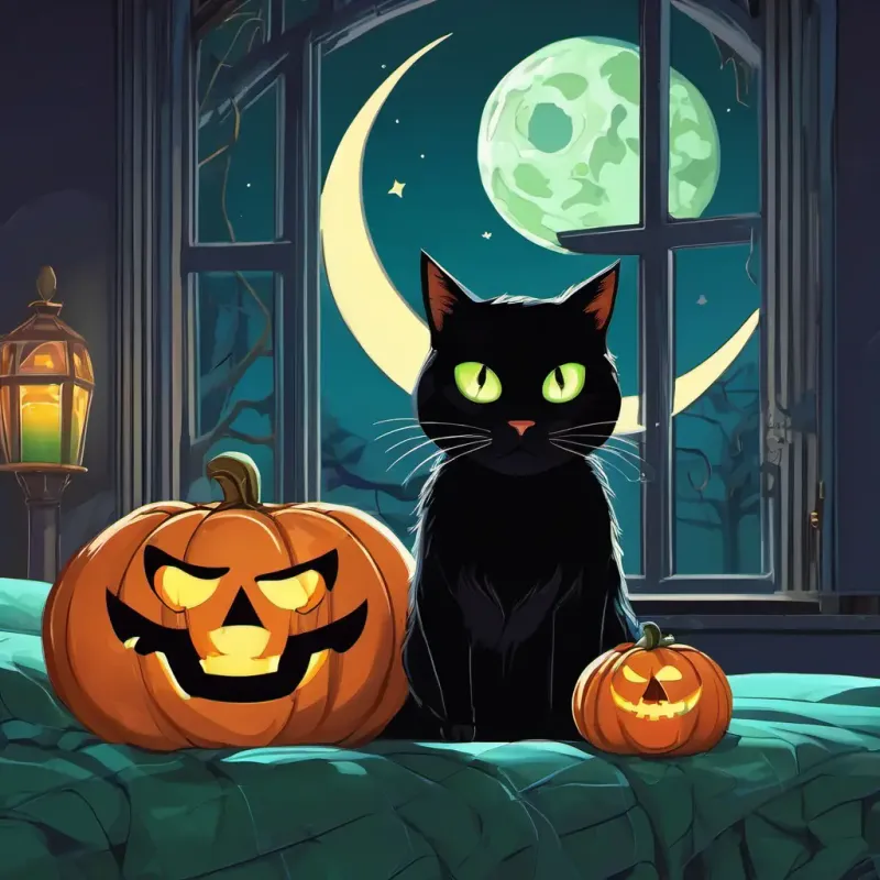 A young boy with fair skin and brown eyes Wearing a skeleton costume with glow-in-the-dark bones and a spider hat sitting on his bed, looking out of his window at the moon. A small black cat with green eyes Playful and loving curled up beside him, purring softly. The room adorned with spooky decorations, reminding them of their unforgettable Halloween adventure.