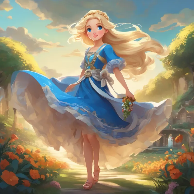 Description of Blonde hair, blue eyes, fair skin, playful and adventurous's elaborate dress and accessories.