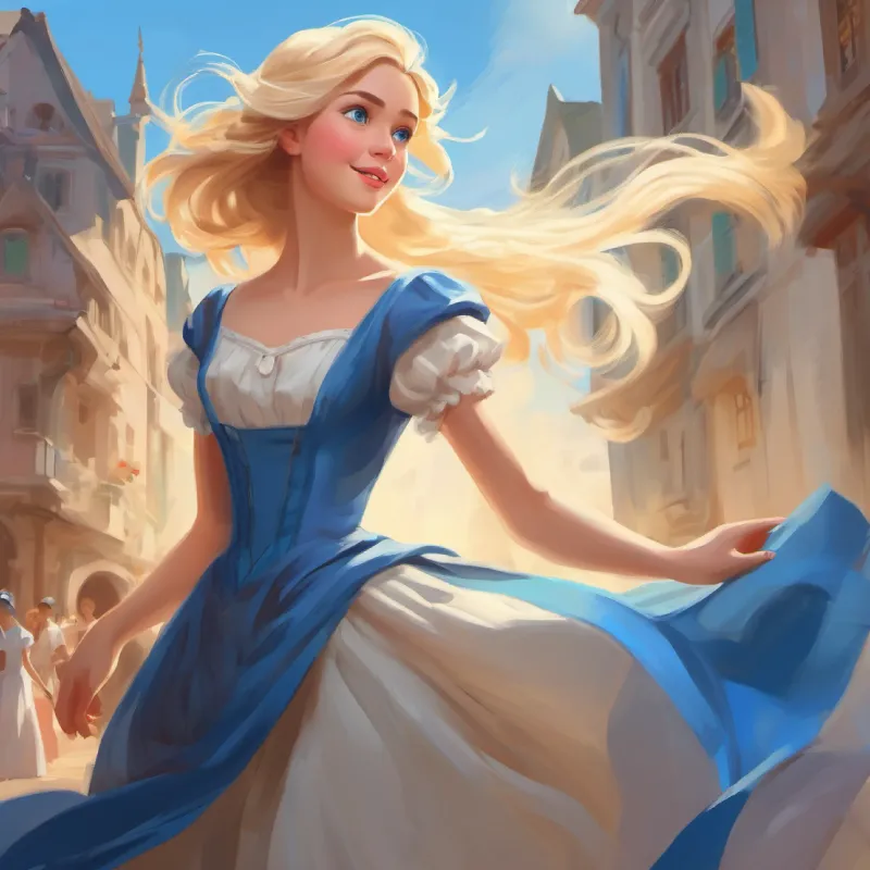 Blonde hair, blue eyes, fair skin, playful and adventurous's struggle with her dress and the introduction of the maids.