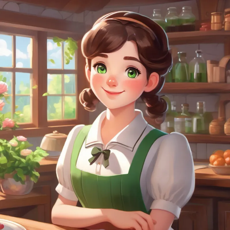 Introduction of the first maid, Brunette hair, green eyes, rosy cheeks, bubbly and talkative, as a cheerful and chatty character.