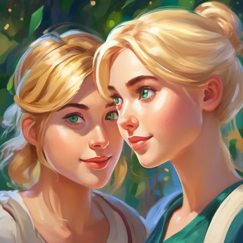 Dialogue between Blonde hair, blue eyes, fair skin, playful and adventurous and Brunette hair, green eyes, rosy cheeks, bubbly and talkative, highlighting their contrasting perspectives.