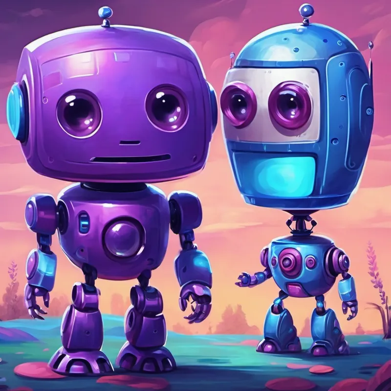 Purple robot with a friendly smile and round eyes. and Blue robot with a curious expression and long arms. talk, hearts over their heads