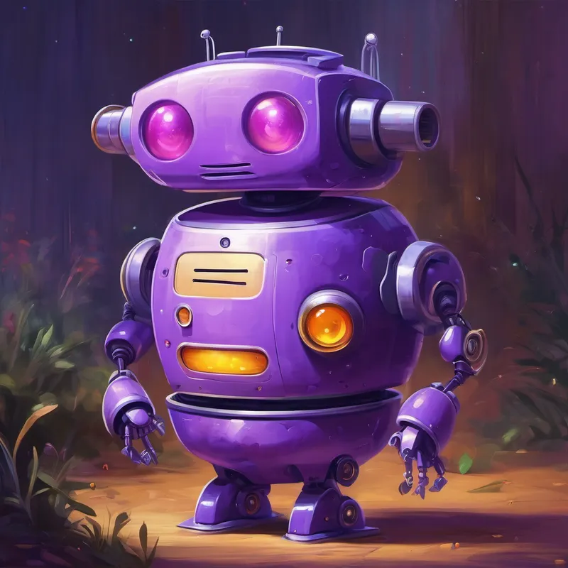 Purple robot with a friendly smile and round eyes. asks Dr Smith, love is explained