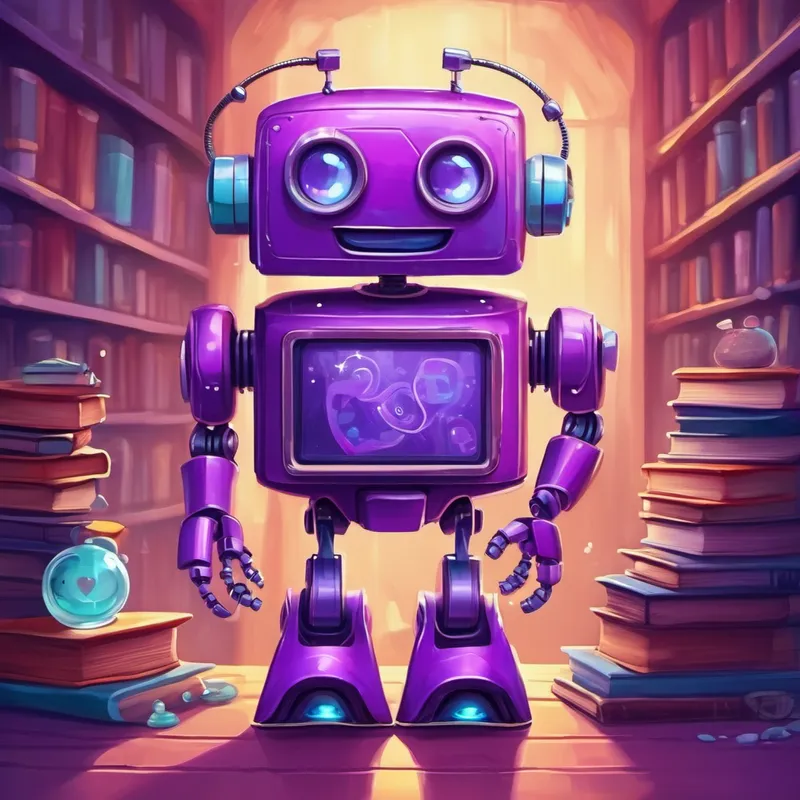 Purple robot with a friendly smile and round eyes. reads books, watches movies about love