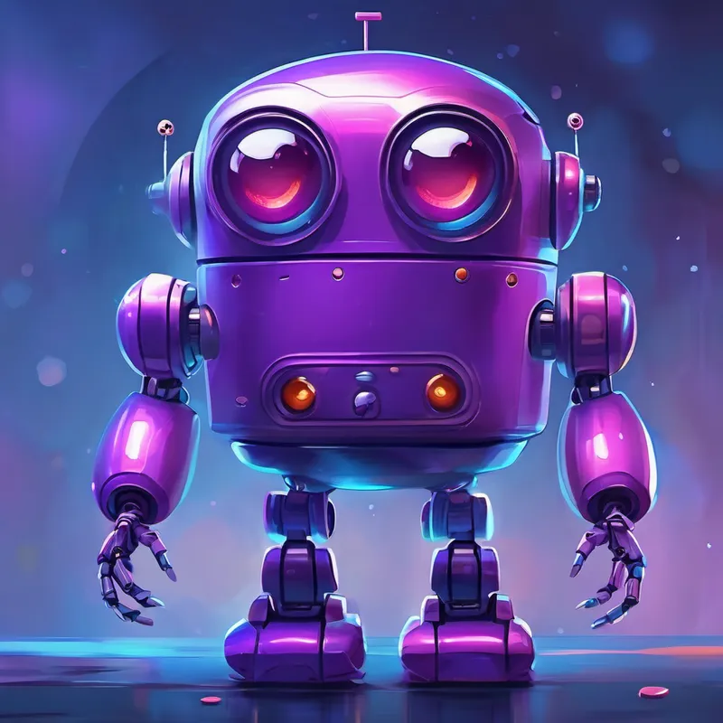 Purple robot with a friendly smile and round eyes. explains love, hearts over Ada and Blue robot with a curious expression and long arms.