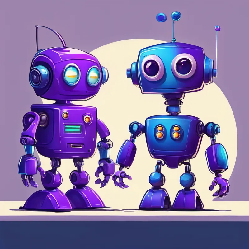 Purple robot with a friendly smile and round eyes. and Blue robot with a curious expression and long arms. happily working and talking
