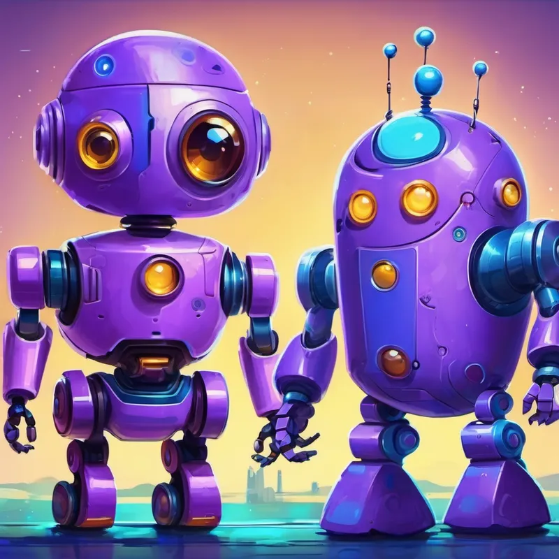 Other robots and AIs looking at Purple robot with a friendly smile and round eyes. and Blue robot with a curious expression and long arms.
