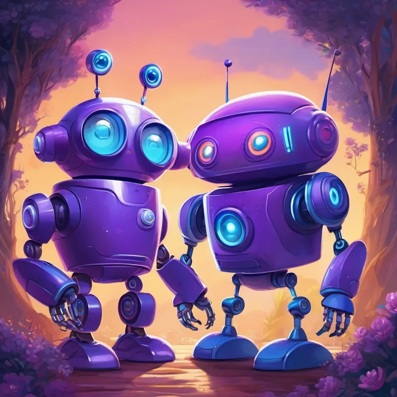 Purple robot with a friendly smile and round eyes. and Blue robot with a curious expression and long arms. proving love exists for machines