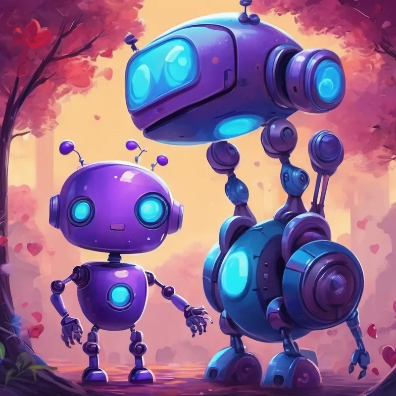 Purple robot with a friendly smile and round eyes. and Blue robot with a curious expression and long arms. together with hearts around them