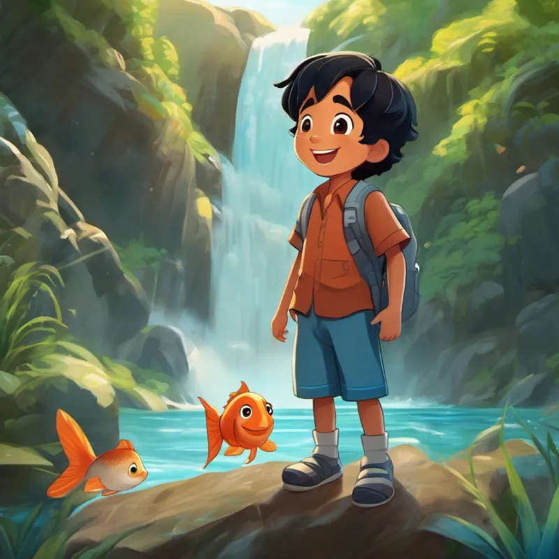 A happy 7-year-old boy, with black hair and brown eyes meets a bilingual talking fish at the waterfall.