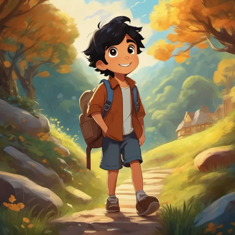 A happy 7-year-old boy, with black hair and brown eyes's adventure ends with dreams of new friends and words.
