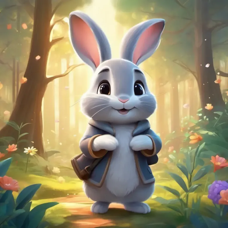 Introduction to the setting and main character, magical forest and A playful grey rabbit with bright, sparkling eyes the rabbit.