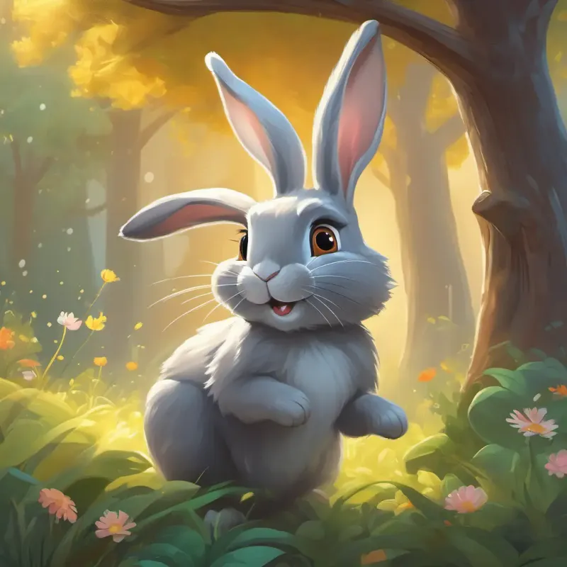 Highlighting A playful grey rabbit with bright, sparkling eyes's talents and his lazy nature.