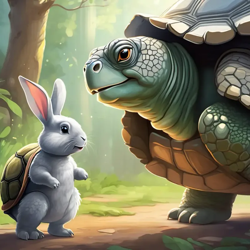 An old, wise tortoise with a friendly smile's advice to A playful grey rabbit with bright, sparkling eyes and the start of A playful grey rabbit with bright, sparkling eyes's transformation.