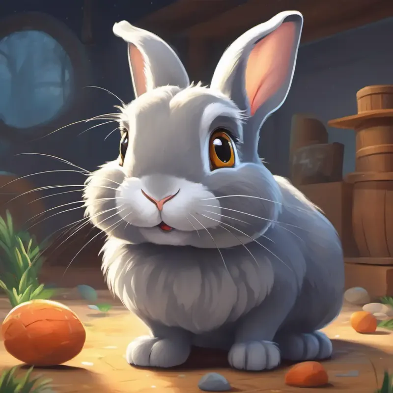 Lesson learned by A playful grey rabbit with bright, sparkling eyes, emphasizing the importance of hard work.