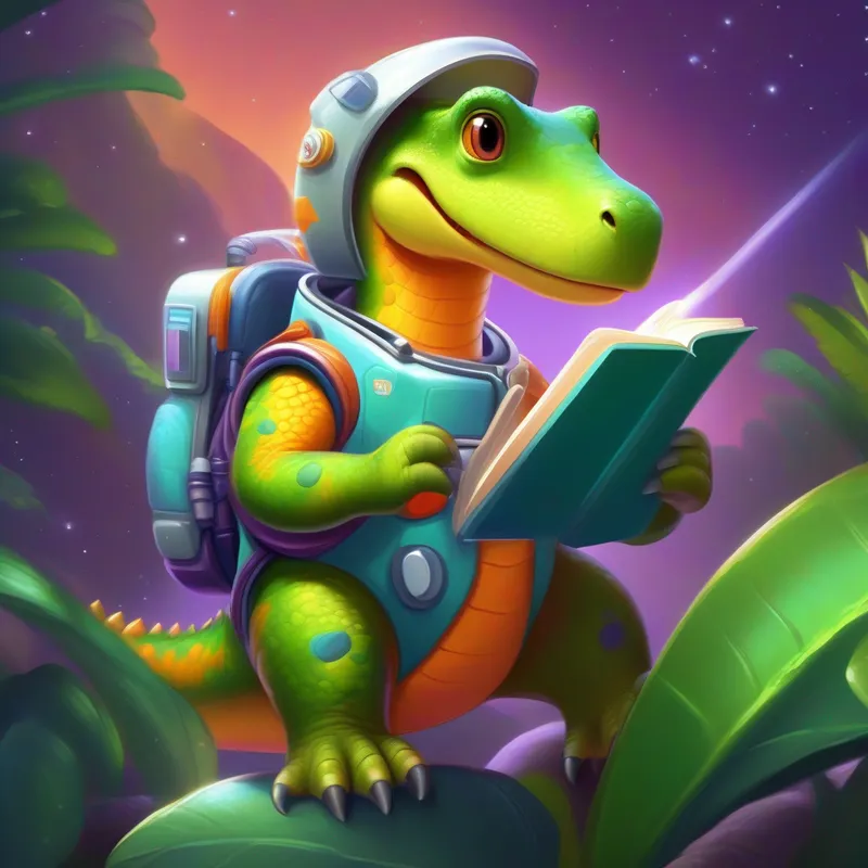 Friendly dinosaur wearing a space suit and holding a math book. the dinosaur is wearing a space suit and holding a math book.