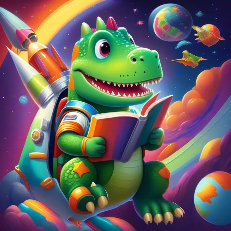 Friendly dinosaur wearing a space suit and holding a math book. and his dinosaur friends are inside a colorful rocket ship.