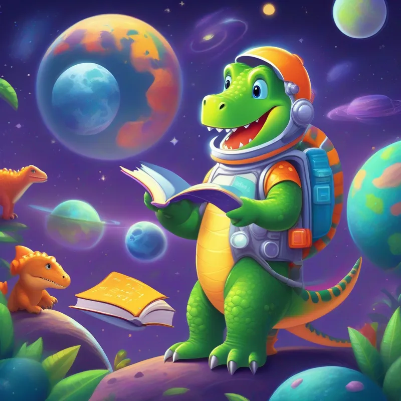 Friendly dinosaur wearing a space suit and holding a math book. and his dinosaur friends are looking at planets with fractions written on them.