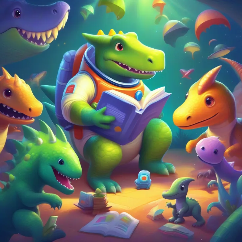 Friendly dinosaur wearing a space suit and holding a math book. and his dinosaur friends are playing games with alien friends on Fractionia.