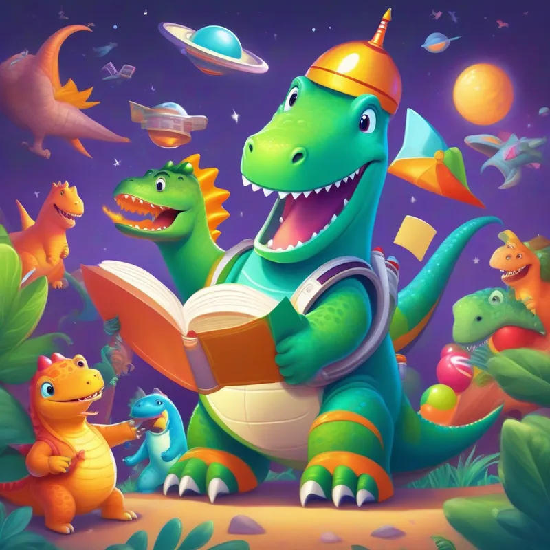 Friendly dinosaur wearing a space suit and holding a math book. and his dinosaur friends are celebrating with certificates.