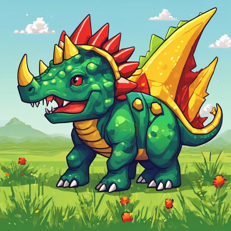 Green T-Blue Triceratops with yellow horns, and a big smile with red spines, and kind eyes and Rex playing in a grassy field