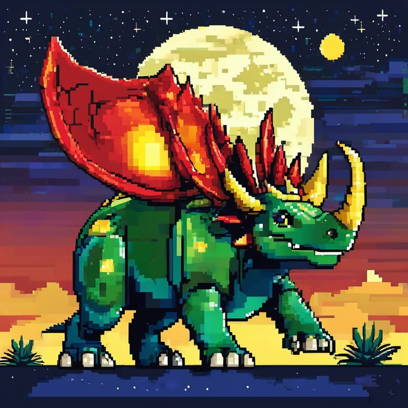 Green T-Blue Triceratops with yellow horns, and a big smile with red spines, and kind eyes and Rex pointing at the moon in the night sky