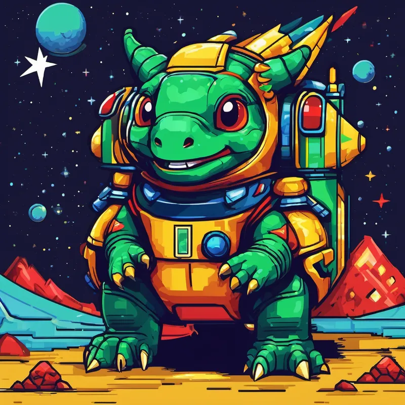 Green T-Blue Triceratops with yellow horns, and a big smile with red spines, and kind eyes and Rex in space suits inside a rocket