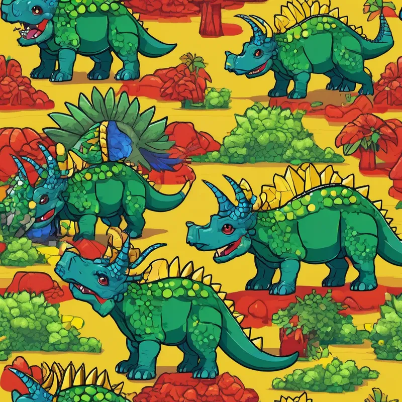 Green T-Blue Triceratops with yellow horns, and a big smile with red spines, and kind eyes and Rex looking sad without their cell phones