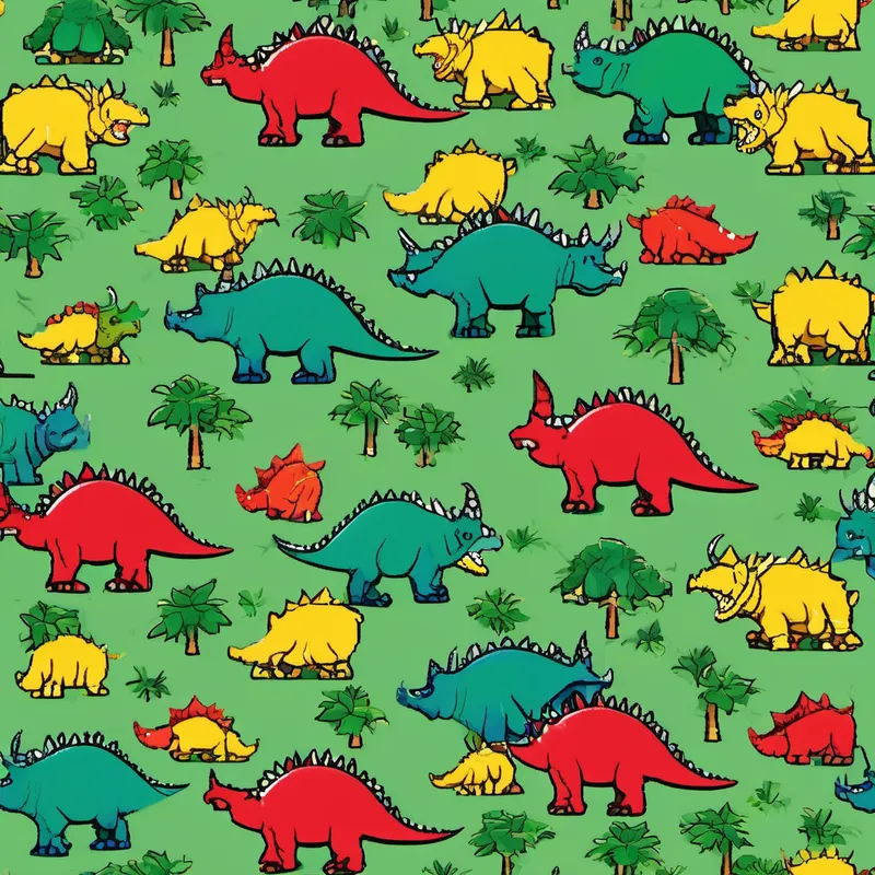 Green T-Blue Triceratops with yellow horns, and a big smile with red spines, and kind eyes and Rex shouting at each other with angry faces