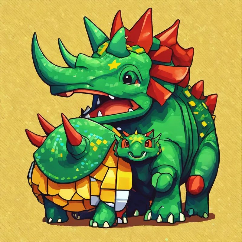 Green T-Blue Triceratops with yellow horns, and a big smile with red spines, and kind eyes and Rex hugging each other with smiles