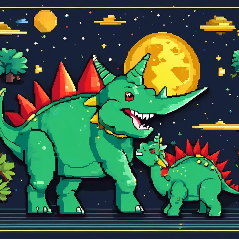 Green T-Blue Triceratops with yellow horns, and a big smile with red spines, and kind eyes and Rex holding hands while walking on the moon