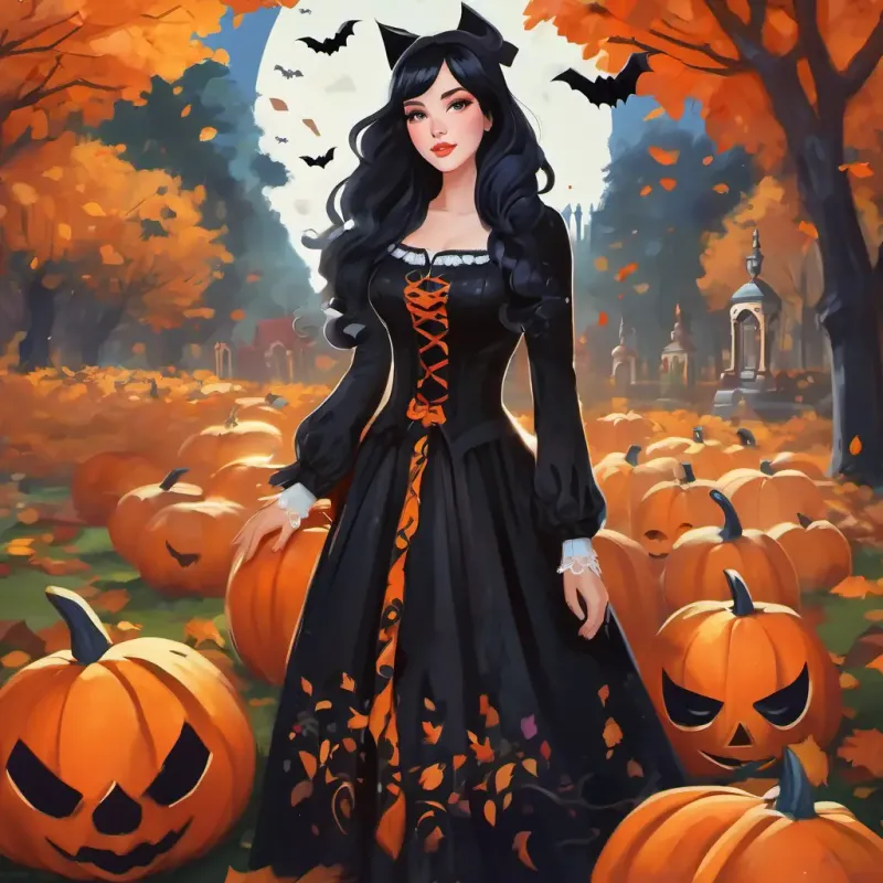 Carissa is standing in a beautiful park filled with colorful autumn leaves. She is wearing a black dress with a big orange pumpkin print. The park is decorated with spooky decorations like ghosts and bats.
