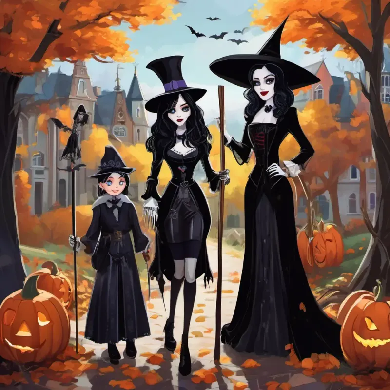 Carissa's friends are standing next to her, wearing their costumes. The witch has a pointy hat and a broom. The vampire has sharp teeth and a black cape. The skeleton is wearing a top hat and has bones sticking out.