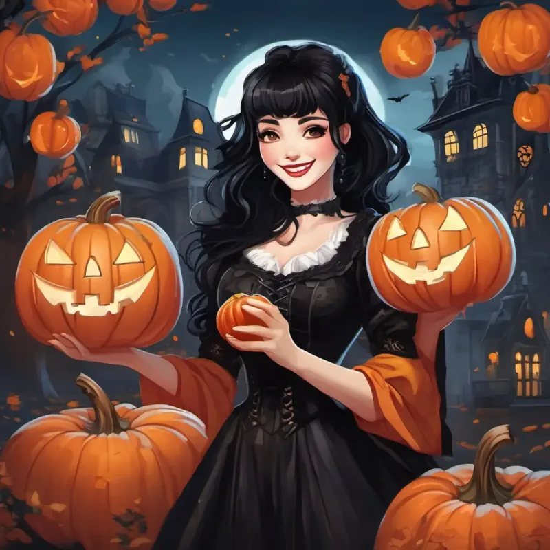 Carissa and her friends are laughing and having a great time. They have a big bucket of apples and a spooky-looking pumpkin. Carissa's pumpkin has a happy face carved on it.