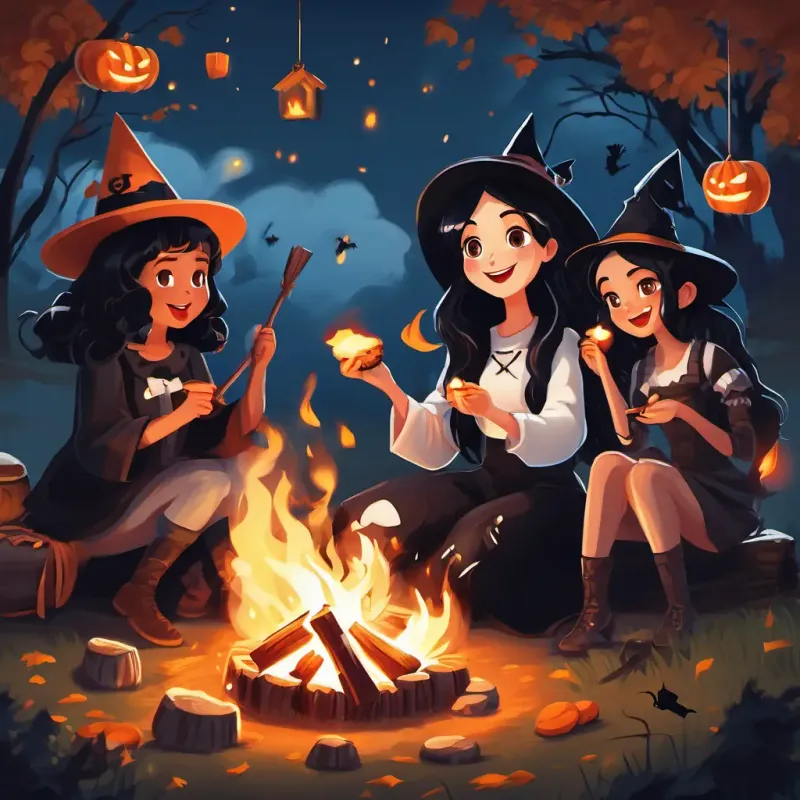 Carissa and her friends are sitting around a crackling bonfire. They have sticks with marshmallows on them, roasting them to make delicious s'mores. The friendly witch is waving her wand and making sparks fly.