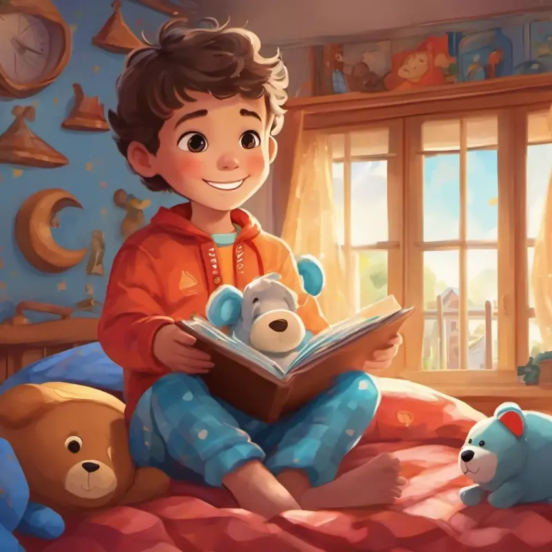 The story begins in the cozy room of A curious 4-year-old boy with bright eyes and a beaming smile. The walls are painted in pastel colors, and his bed is adorned with soft toys and a superhero blanket. A curious 4-year-old boy with bright eyes and a beaming smile is wearing his favorite blue pajamas and holding one of his stuffed animals, a teddy bear named Benny.