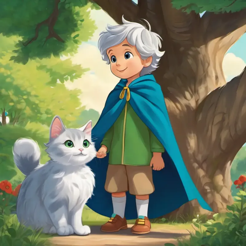 A curious 4-year-old boy with bright eyes and a beaming smile is standing in his backyard, wearing his blue cape that flows in the wind. An older woman with kind eyes and gray hair is standing by the tree, looking worried, while A fluffy white cat with big green eyes meows anxiously from the top of the tree.