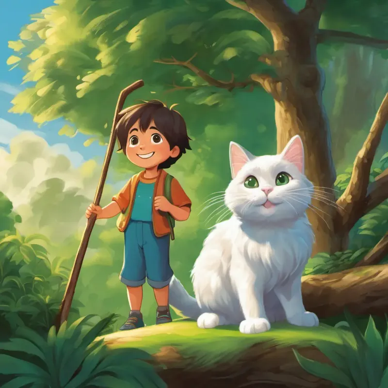 A curious 4-year-old boy with bright eyes and a beaming smile is holding a long stick with one hand stretched out towards A fluffy white cat with big green eyes, who is cautiously climbing onto the stick from a high branch. An older woman with kind eyes and gray hair is standing beside A curious 4-year-old boy with bright eyes and a beaming smile, her eyes filled with gratitude and relief.