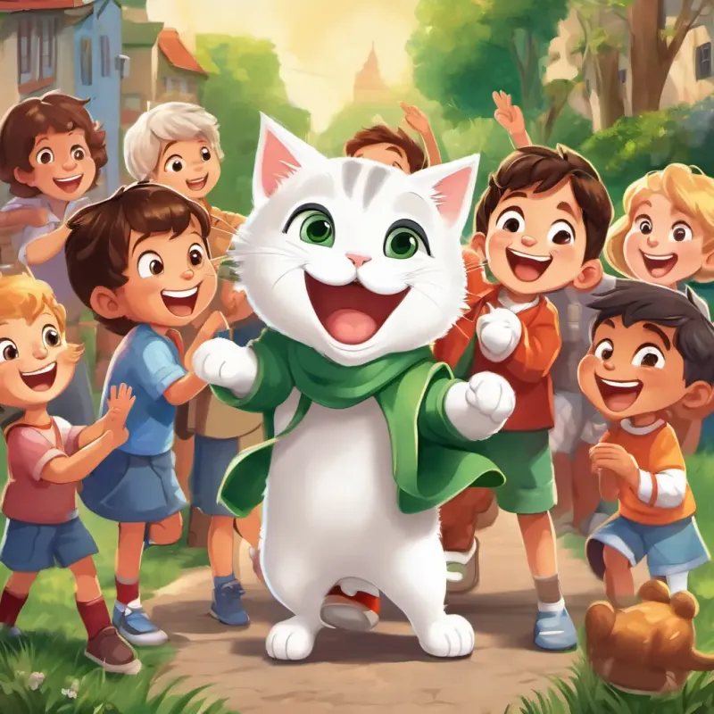 A curious 4-year-old boy with bright eyes and a beaming smile is surrounded by his friends and neighbors, who are clapping and cheering for him. They hold signs that say 'You're our hero, A curious 4-year-old boy with bright eyes and a beaming smile!' and 'Thank you for saving A fluffy white cat with big green eyes!' A curious 4-year-old boy with bright eyes and a beaming smile stands tall with a proud smile on his face.