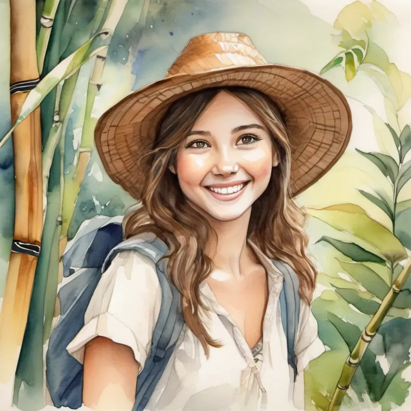 White girl with brown hair, curious and adventurous with brown hair, in a village with laughter and music, bamboo hat