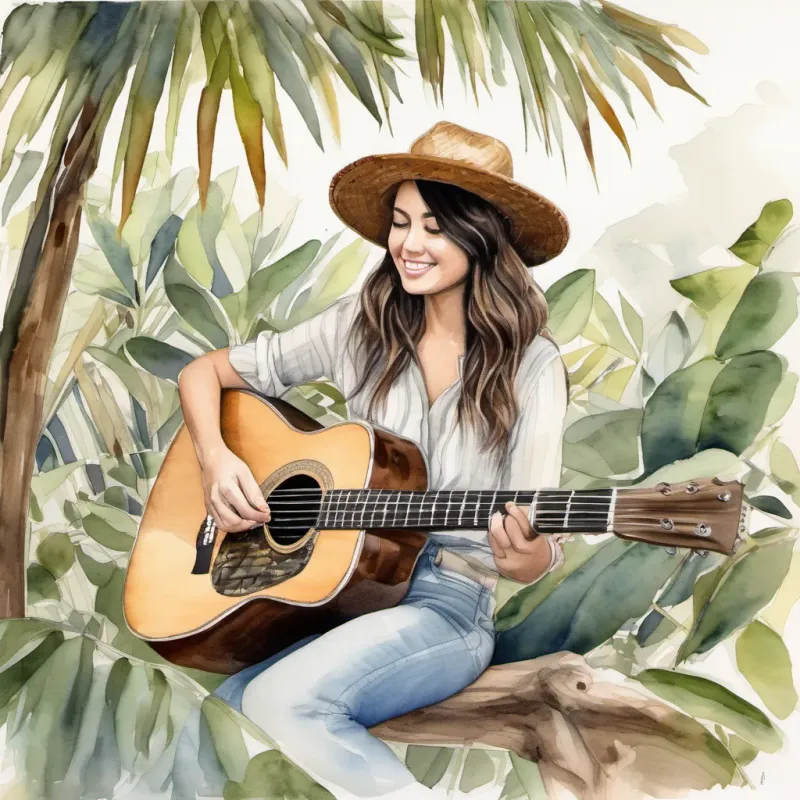 White girl with brown hair, curious and adventurous with local girls and Boys with black hair strumming guitars under the bamboo hat, playing guitars