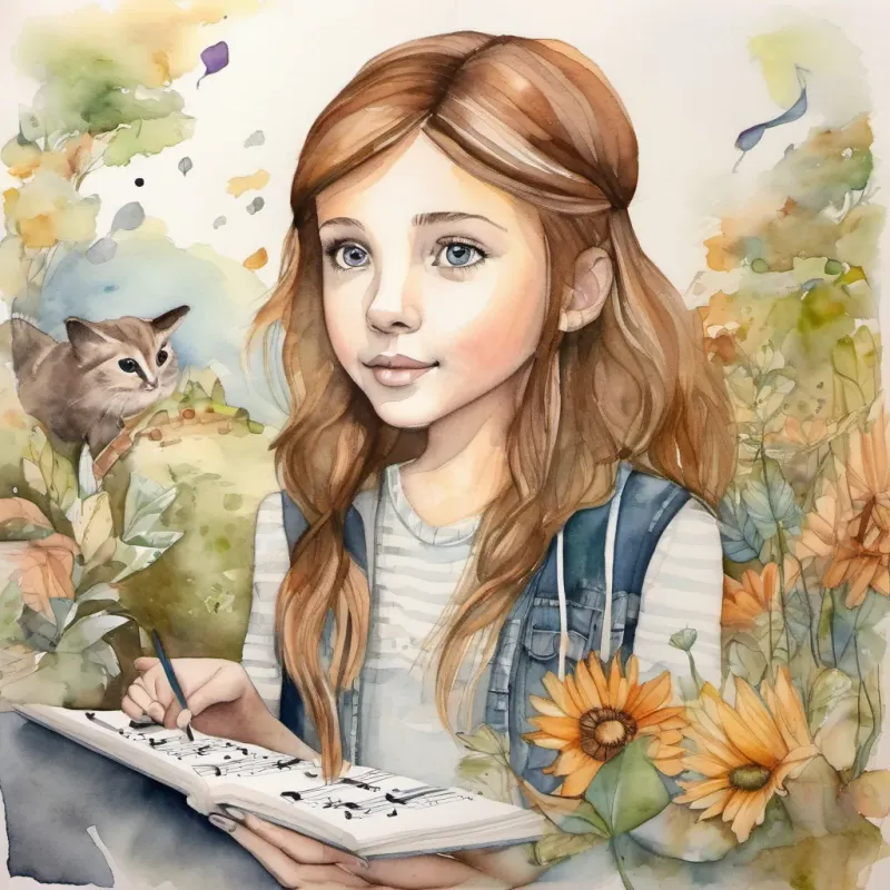 White girl with brown hair, curious and adventurous feeling connected to her new friends through music