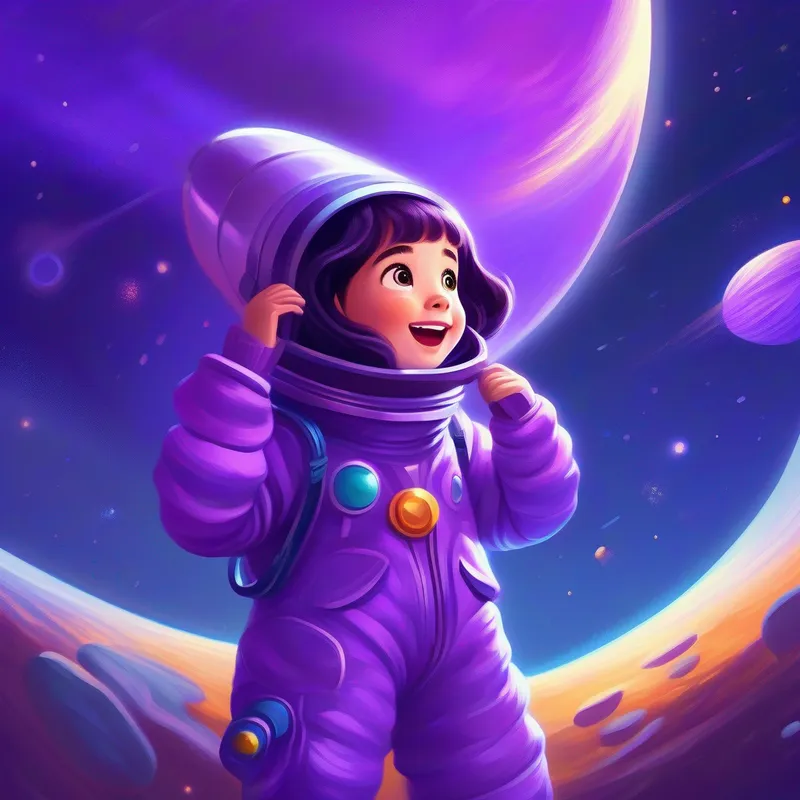 A curious girl with a spark of adventure, wearing a purple space suit with her magic telescope, excited and curious