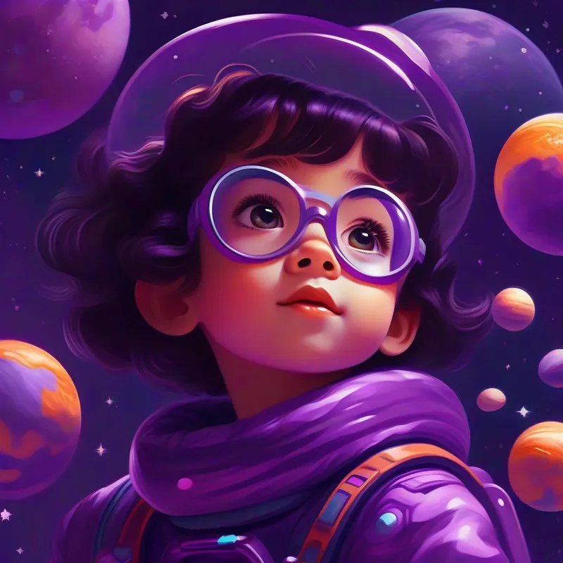 A curious girl with a spark of adventure, wearing a purple space suit exploring Jupiter, surrounded by its moons