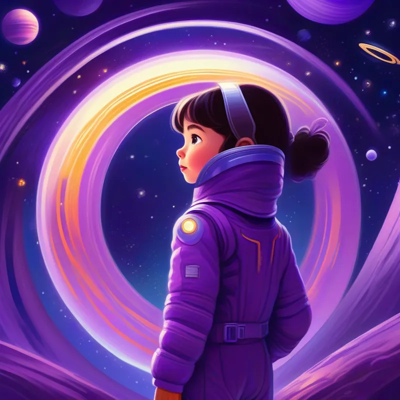 A curious girl with a spark of adventure, wearing a purple space suit marveling at the majestic rings of Saturn
